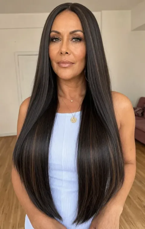 Wig Bilu, Castanho escuro com mechas · liso longo